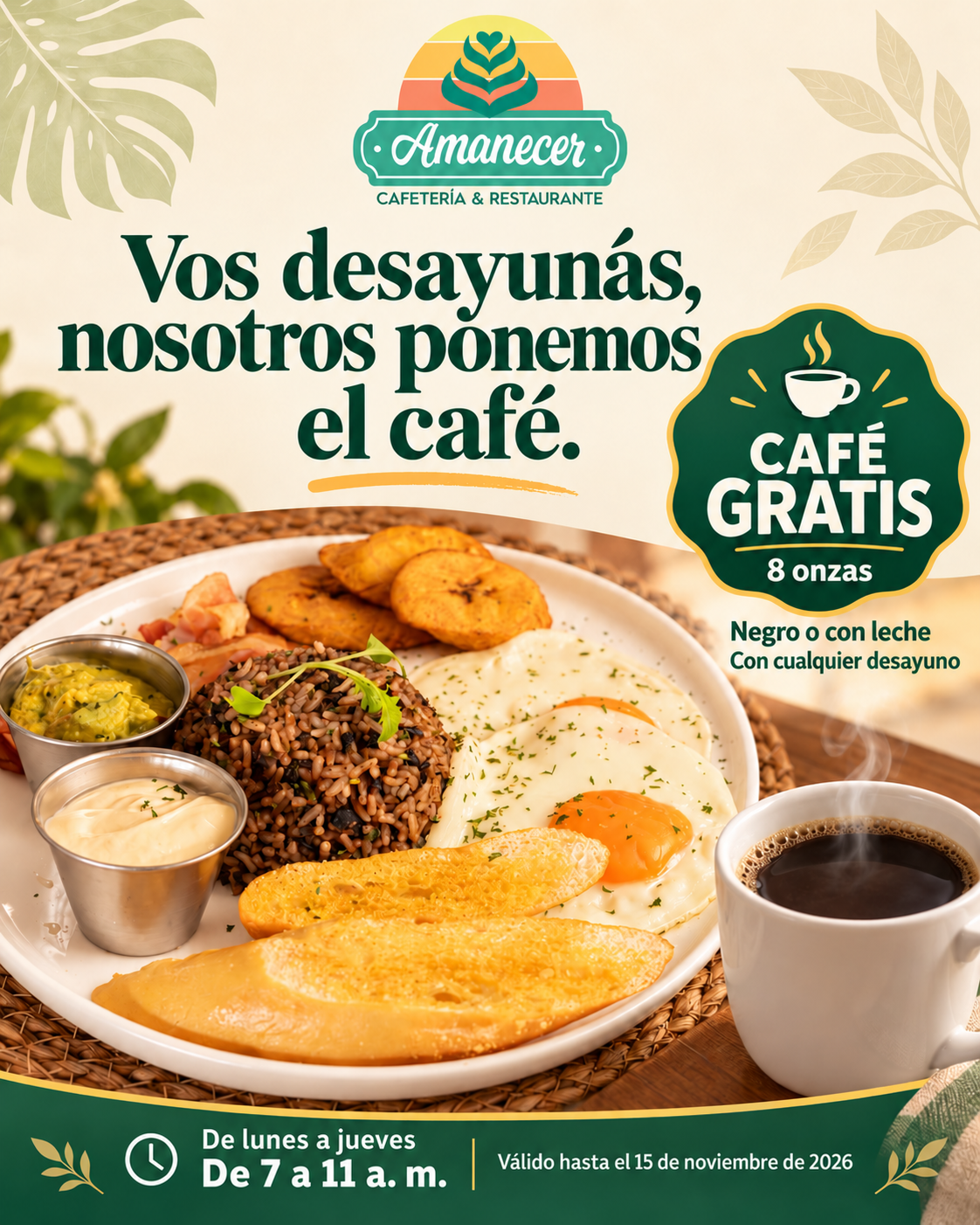 Vos desayunás, nosotros ponemos el café. Café negro o con leche de 8 onzas gratis con cualquier desayuno. De lunes a jueves, de 7 a 11 a. m. Válido hasta el 15 de noviembre de 2026.